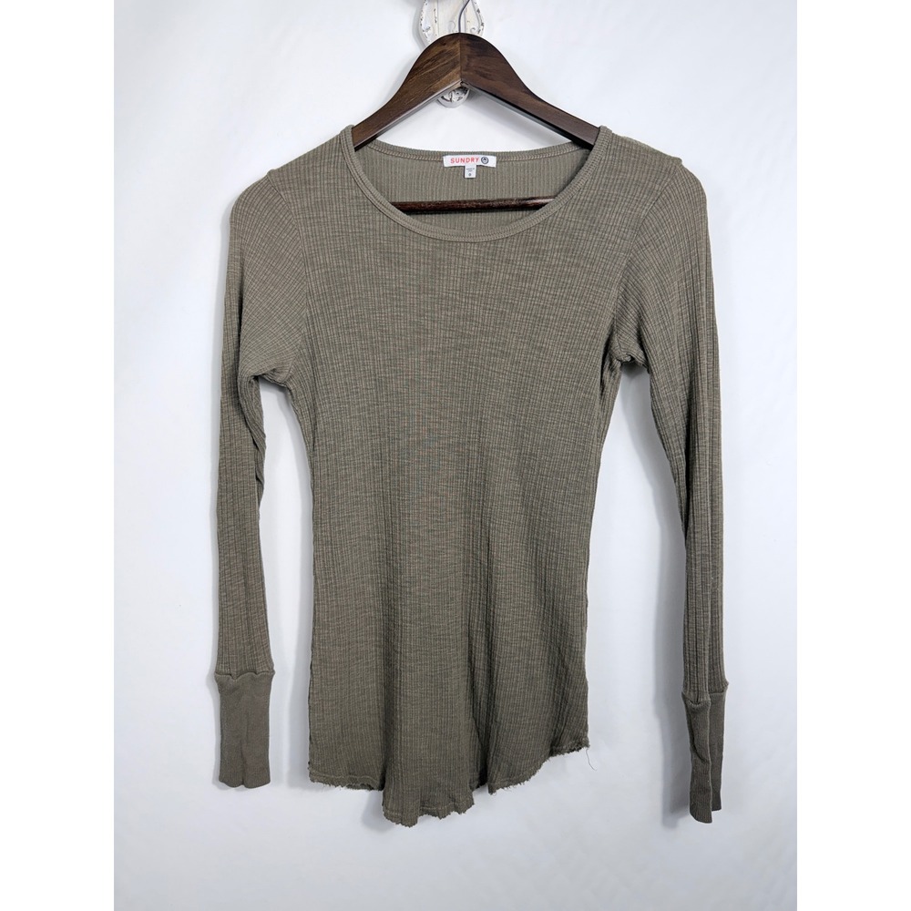Sundry Long Sleeve Top XS Olive Green Ribbed Cotton Modal Raw Hem Casual